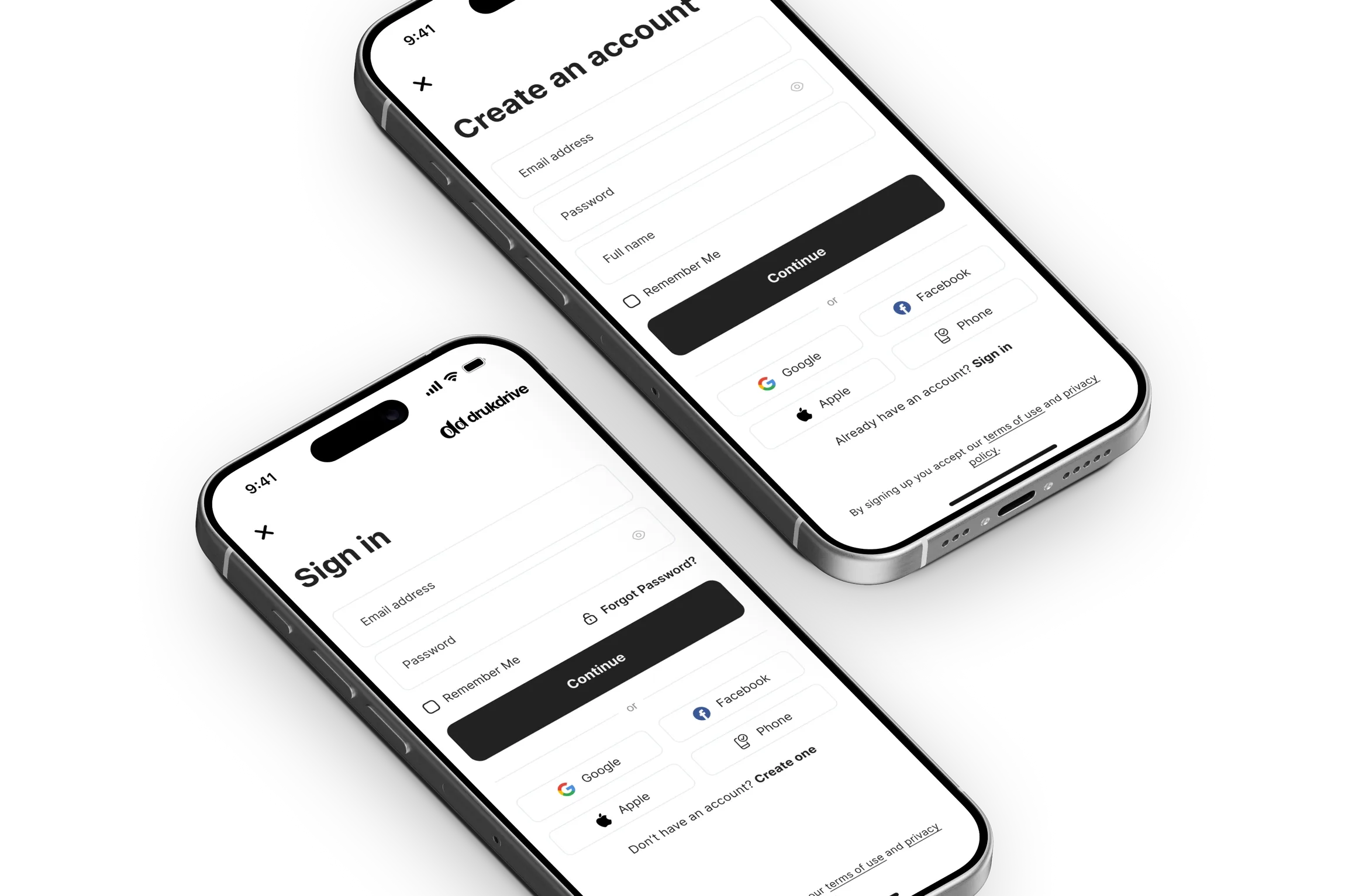 Two iPhones at an angle showing Sign in and Create an account screens. Each has email and password fields, a Remember Me checkbox, a black Continue button, and Google, Apple, Facebook and Phone options in outlined buttons, with a small terms line at the bottom.