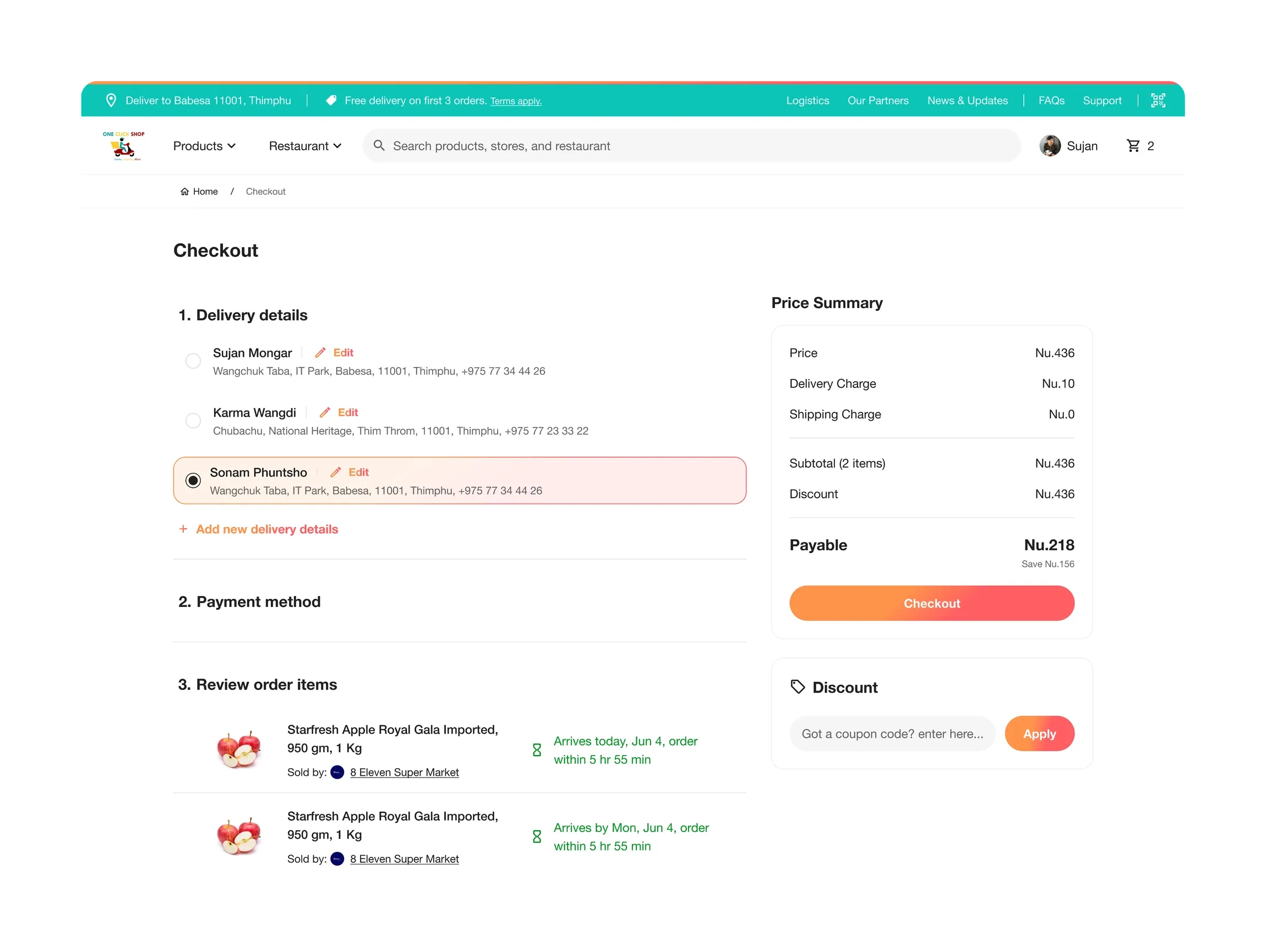 The Checkout page, step 1, Delivery details. Three saved addresses as a radio list with Edit links, the third selected and outlined in orange, plus an Add new delivery details link. Steps 2 Payment method and 3 Review order items follow below. The price summary is on the right.