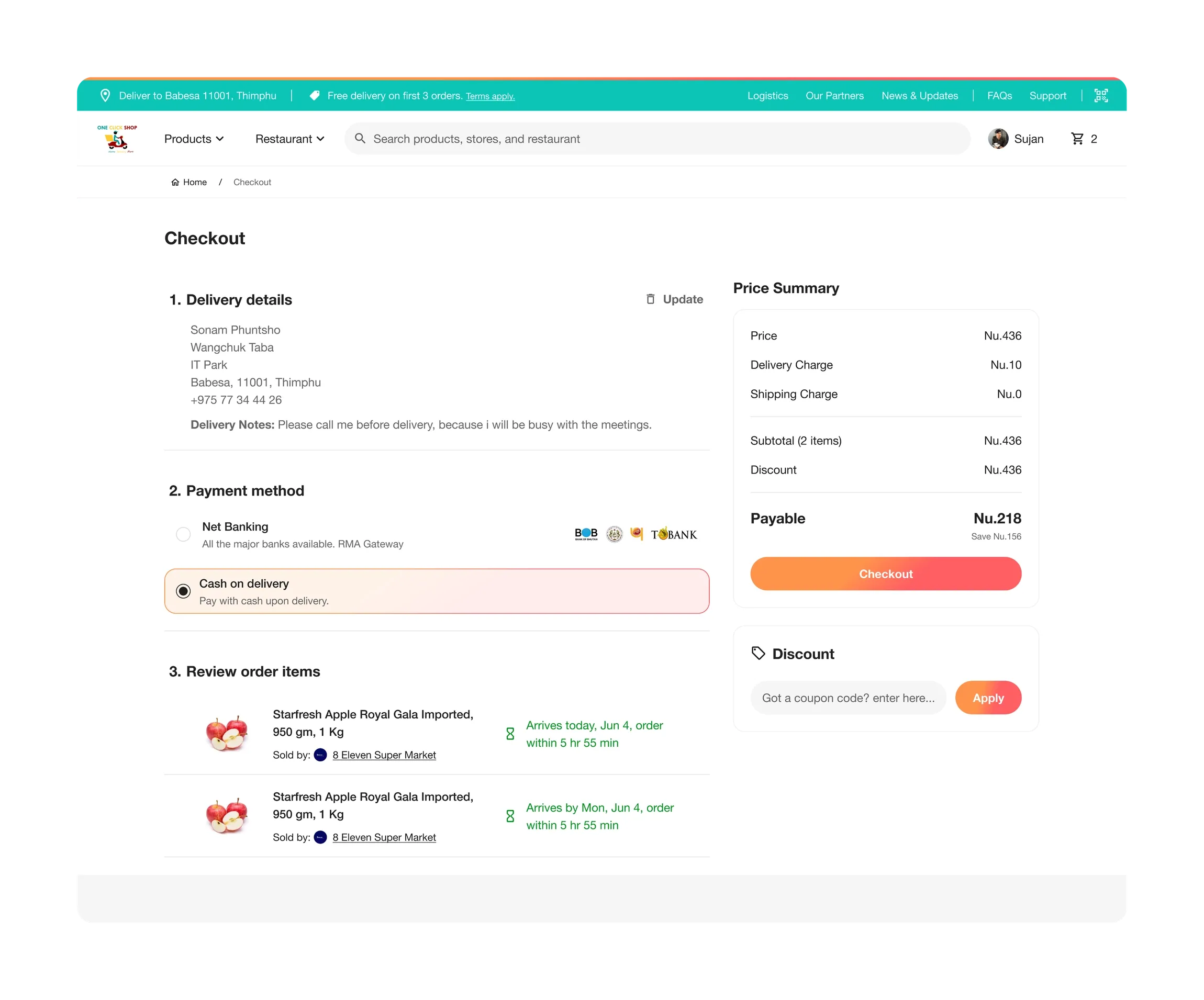 Checkout step 2, Payment method, with two options, Net Banking showing four bank logos, and Cash on delivery, which is selected and outlined in orange. The chosen address and a delivery note sit above; the order items below.