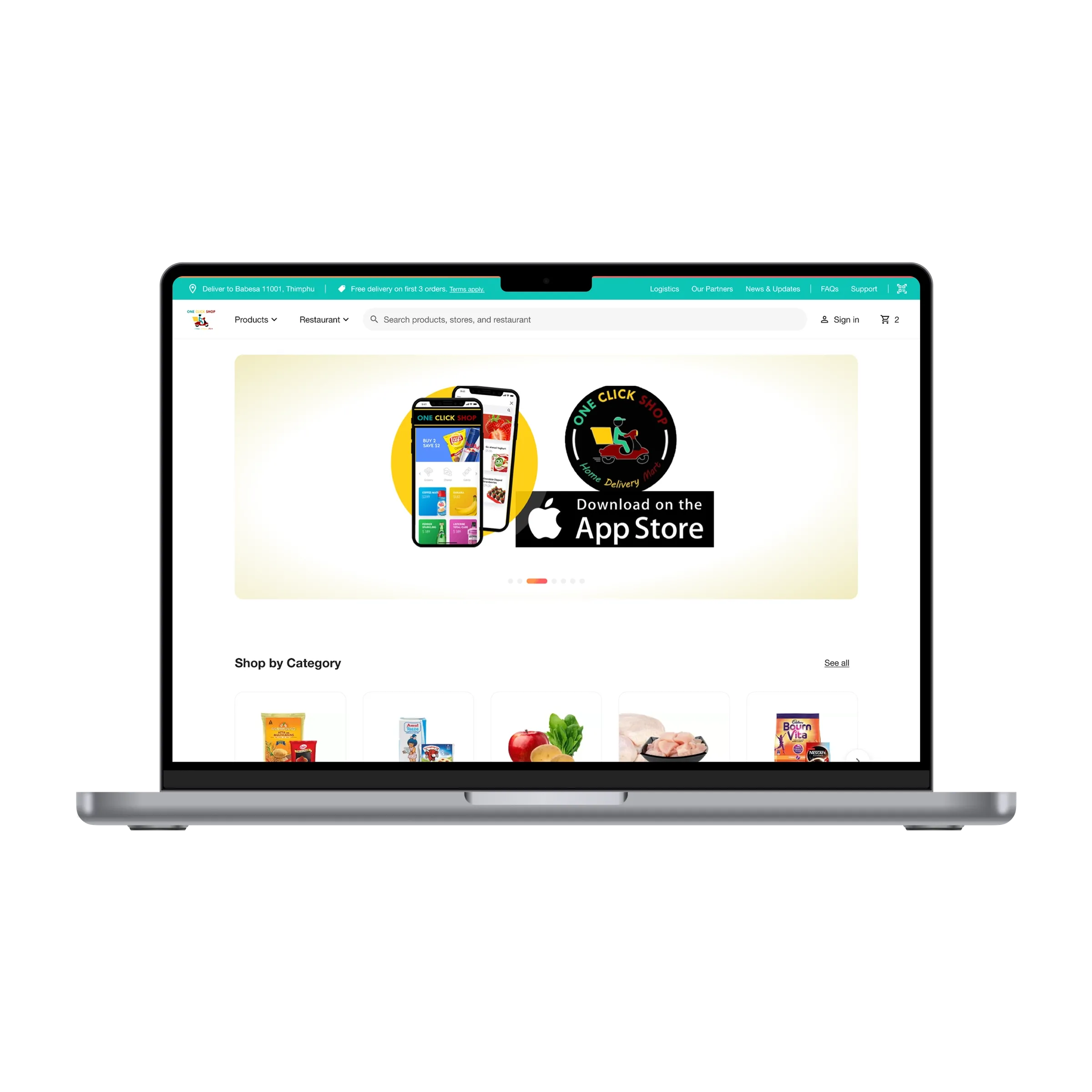 A MacBook showing the OneClickShop home page. A teal bar reads Deliver to Babesa 11001, Thimphu. Below it, a search field, a banner with the app on two phones and an App Store badge, and a Shop by Category row of product photos.