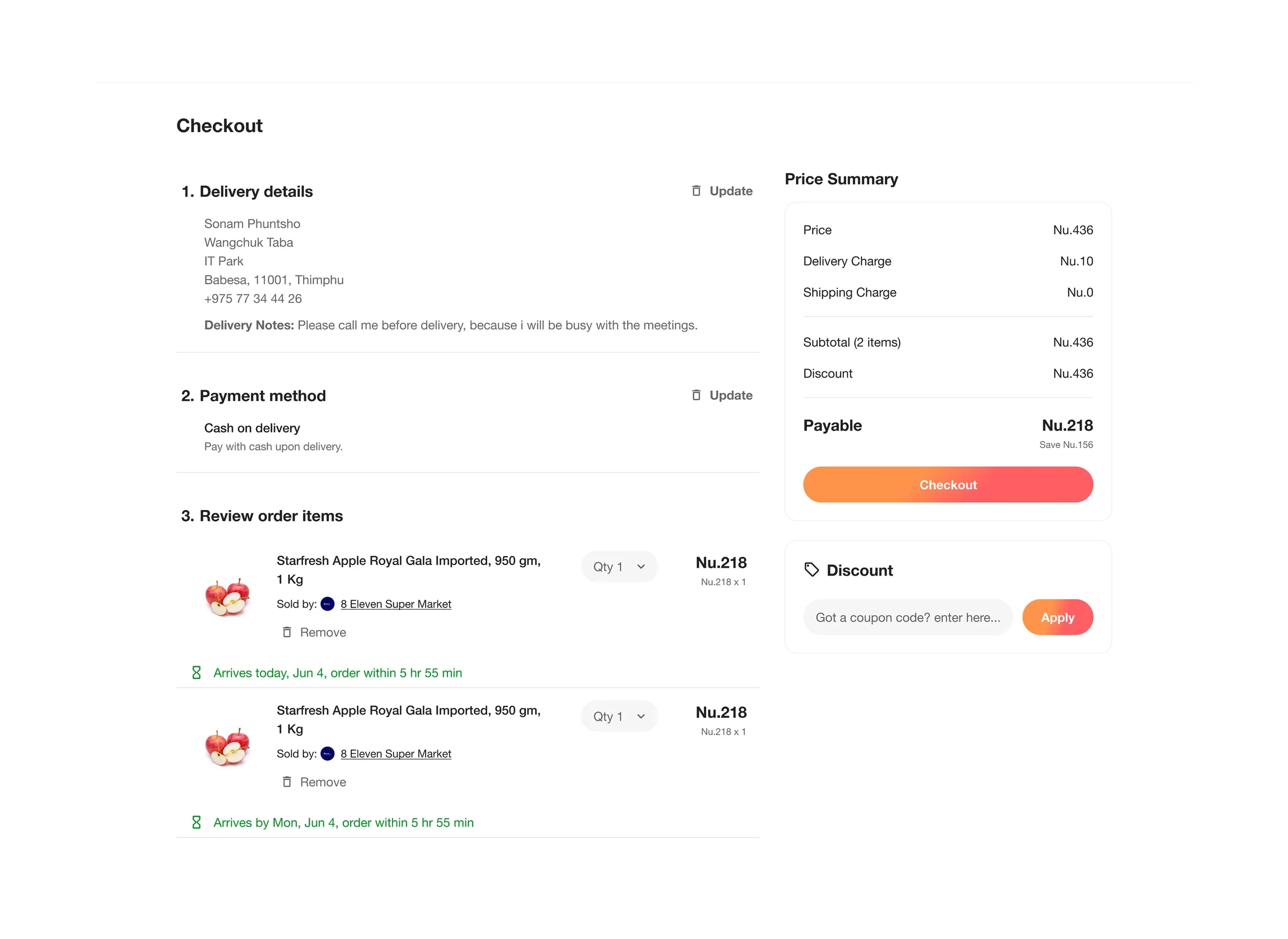 The final checkout review. Delivery details and Cash on delivery are shown as read-only text with Update links, followed by the 2 order items with quantities and arrival times. The Price Summary on the right shows Payable Nu.218 and the Checkout button.