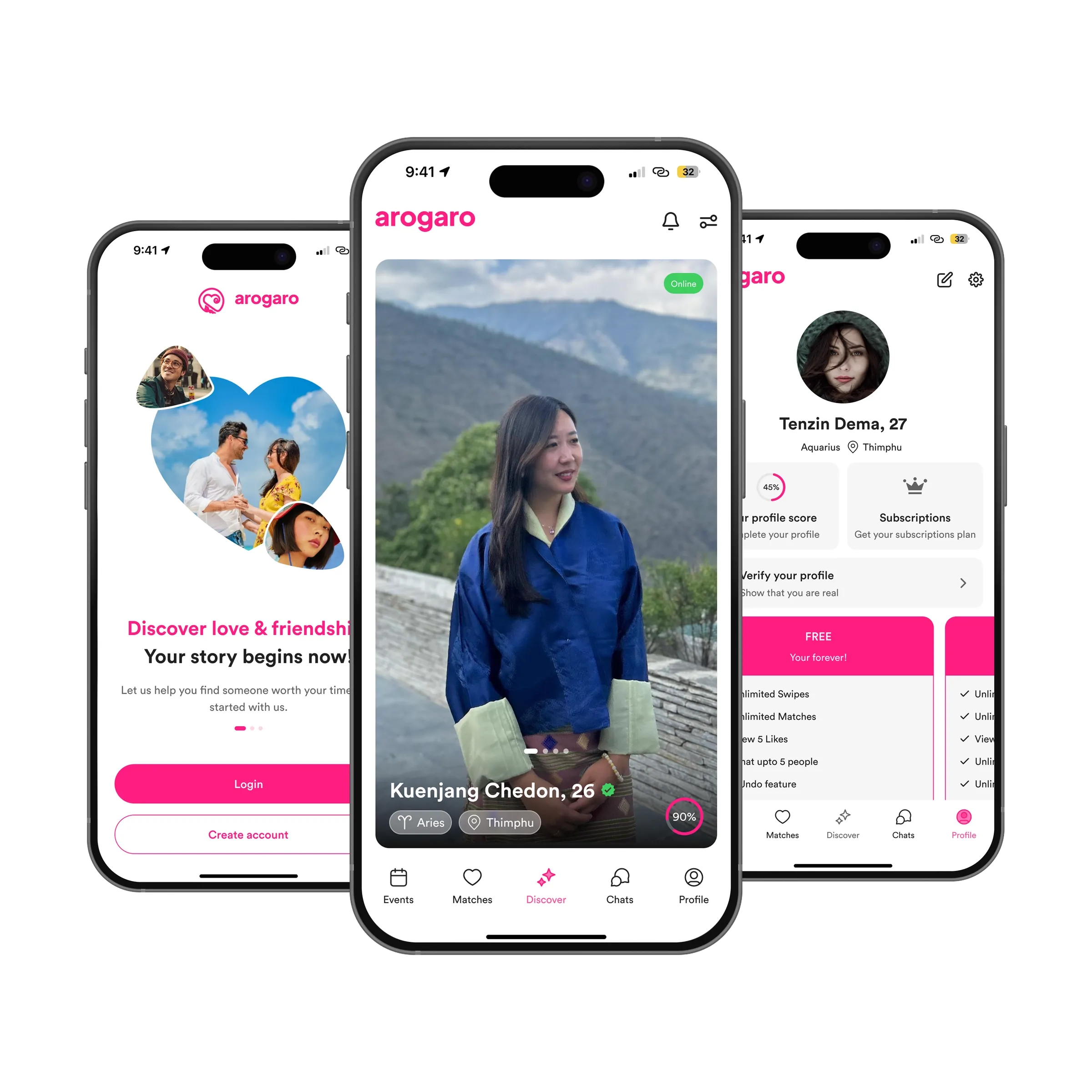 Three iPhones showing the arogaro app in pink and white. Left, a welcome screen with a heart-shaped collage of couples, the words Discover love & friendship, and Login and Create account buttons. Centre, a Discover card, a full-height photo of a woman in a blue Bhutanese jacket in front of hills, marked Online and verified, with Aries and Thimphu chips and a 90% match ring. Right, a profile page with a round photo, Tenzin Dema, 27, Aquarius, Thimphu, a profile score ring at 45%, a Subscriptions tile, a Verify your profile row and a pink Free plan card.