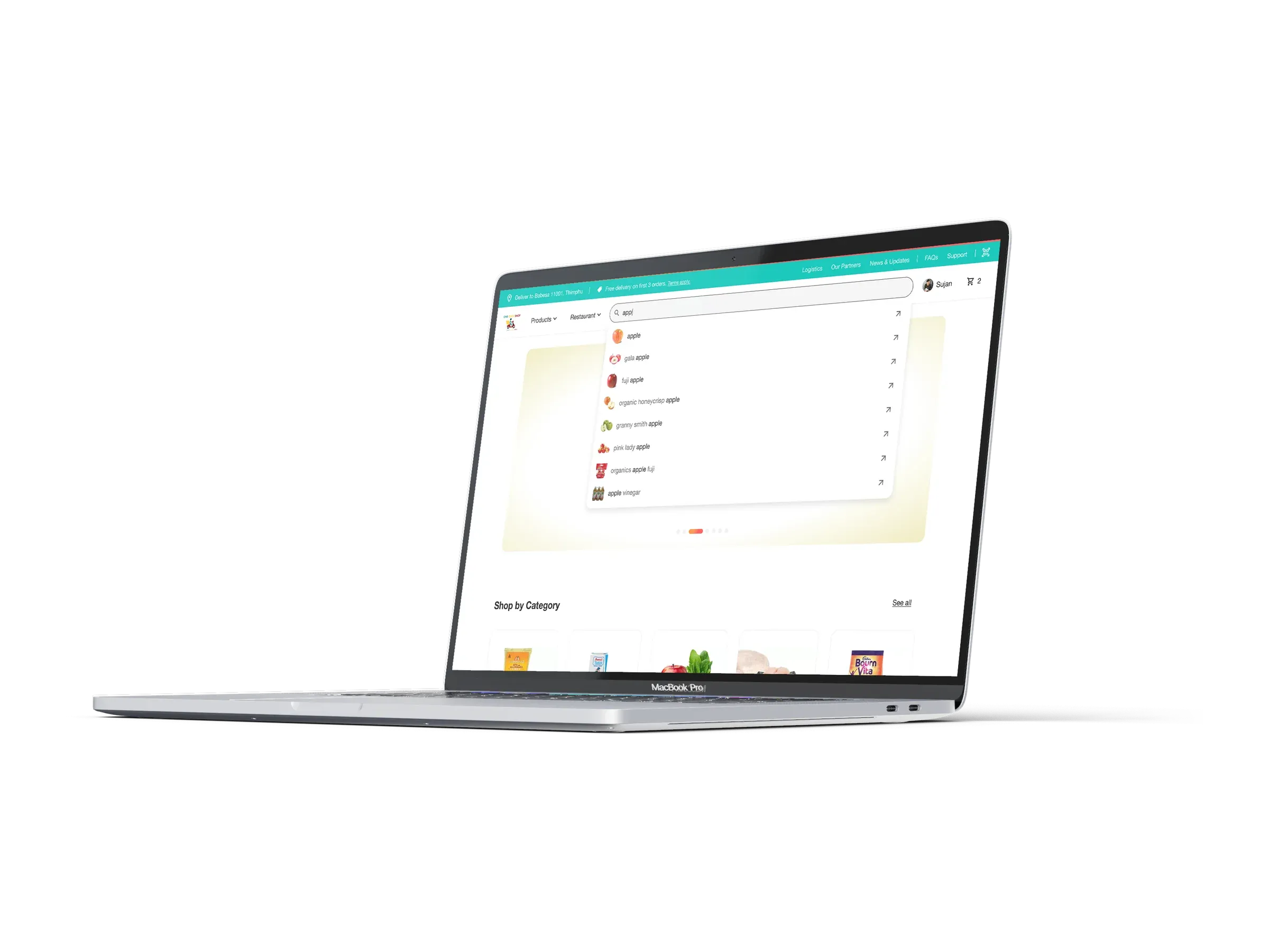 An angled MacBook Pro with the OneClickShop home page. The search field contains "appl" and a dropdown lists apple, gala apple, fuji apple, granny smith apple and apple vinegar, each with a small product photo.