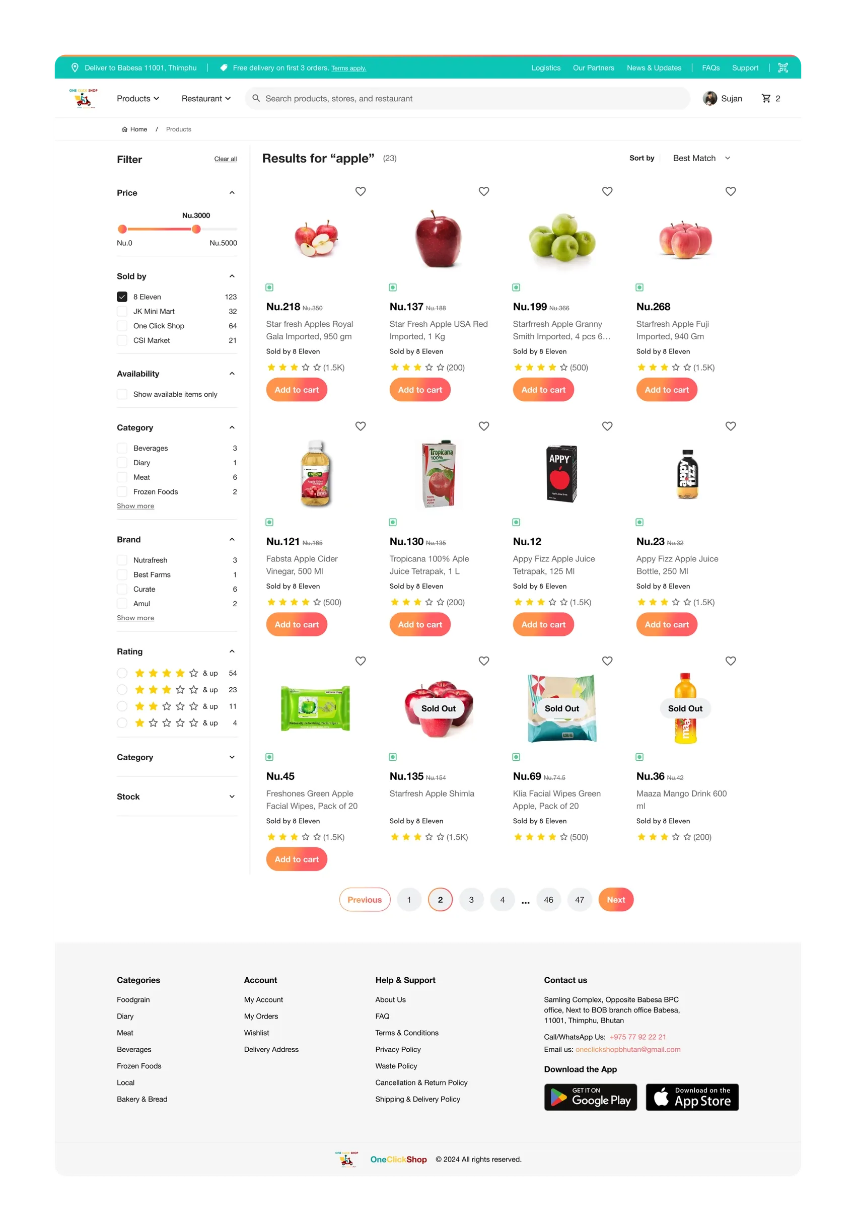 Search results for "apple", 23 items in a 4-column grid with prices in Nu., seller name, star ratings and an orange Add to cart button. A left column holds filters for price, sold by, availability, category, brand and rating. Three items are marked Sold Out.