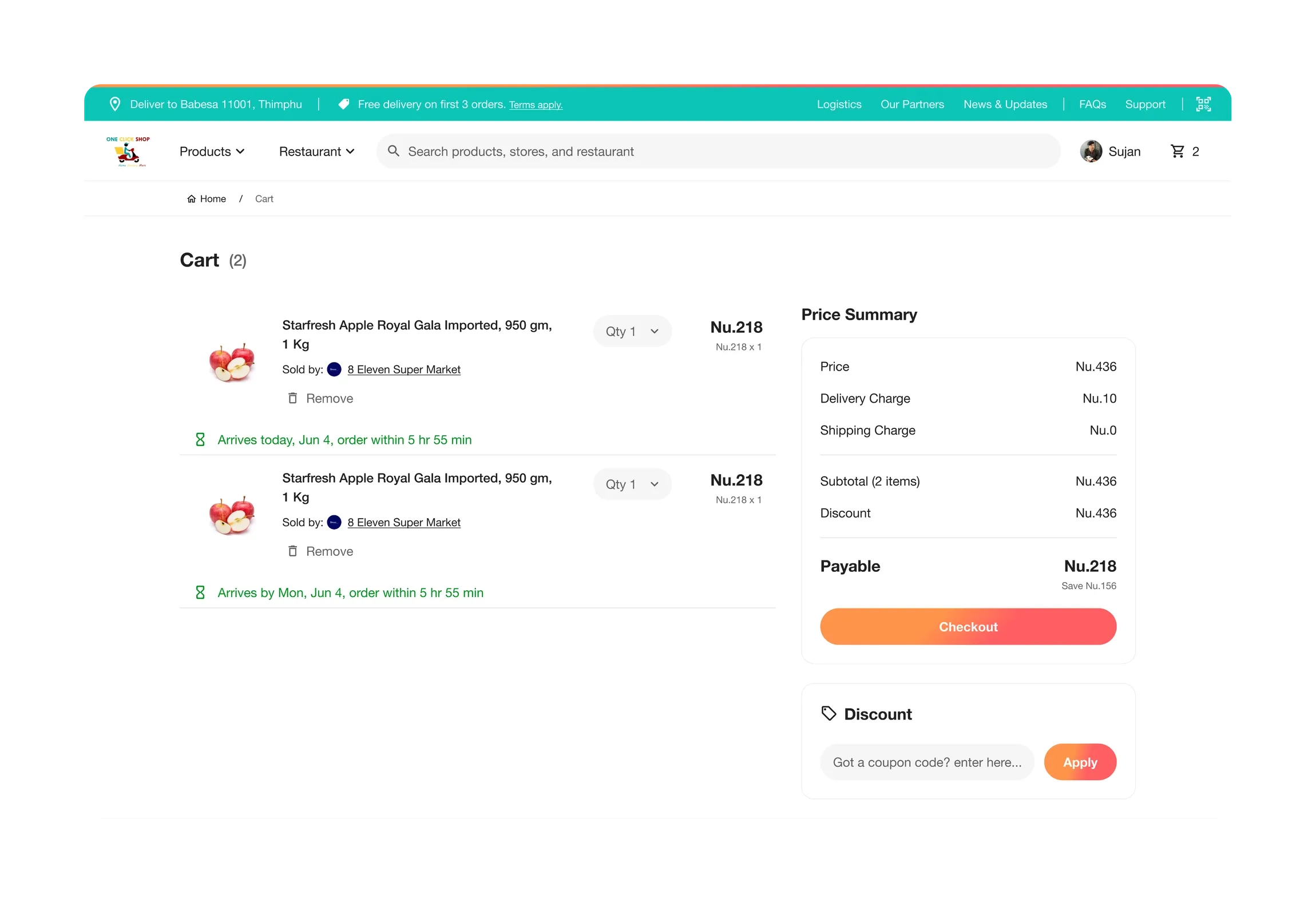 The Cart page with 2 apple items, each with a quantity dropdown, seller link, Remove link and a green line reading Arrives today, order within 5 hr 55 min. On the right, a Price Summary box with Payable Nu.218 and an orange Checkout button, then a Discount box with a coupon field.