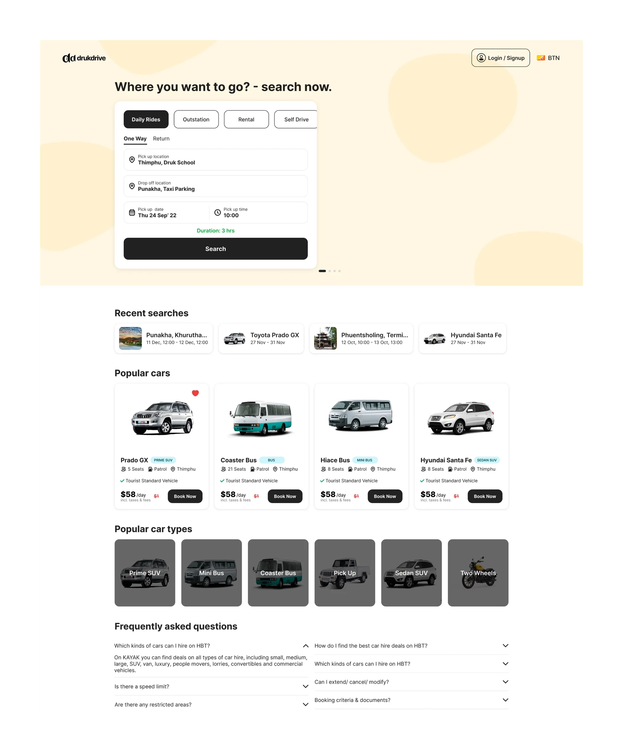 The full drukdrive home page. A cream hero with the search form, tabs for Daily Rides, Outstation, Rental and Self Drive, One Way and Return, pick up and drop off fields, date, time and Duration 3 hrs. Below, Recent searches, a Popular cars row with a Prado, a Coaster bus, a Hiace and a Santa Fe at $58 a day, Popular car types tiles, and a Frequently asked questions list.