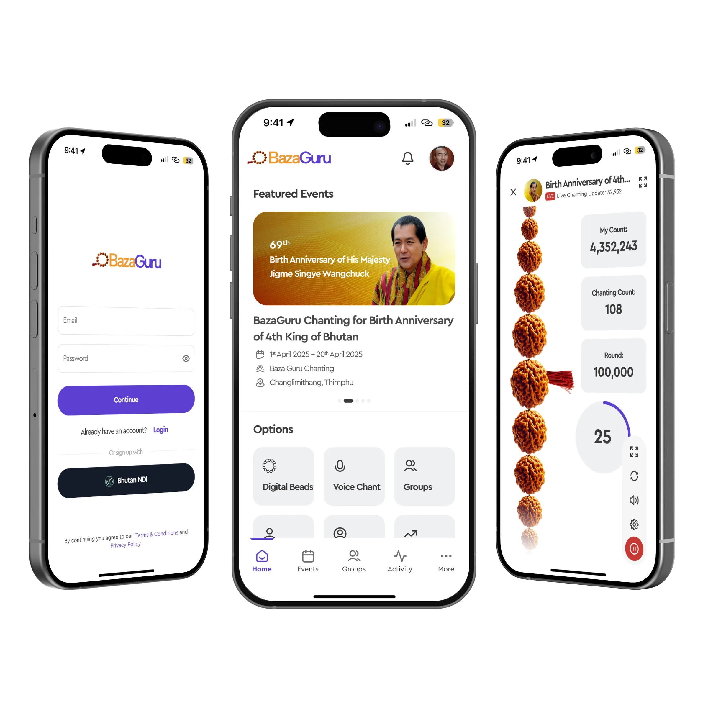 Three iPhones showing the BazaGuru app. Left, a sign-in screen with email and password fields, a purple Continue button and a dark Bhutan NDI button. Centre, the home screen with a Featured Events banner for the 69th Birth Anniversary of His Majesty Jigme Singye Wangchuck, 1 to 20 April 2025, and Options tiles for Digital Beads, Voice Chant and Groups. Right, a live chanting screen with a column of rudraksha beads and a red tassel, My Count 4,352,243, Chanting Count 108, Round 100,000 and a timer at 25.