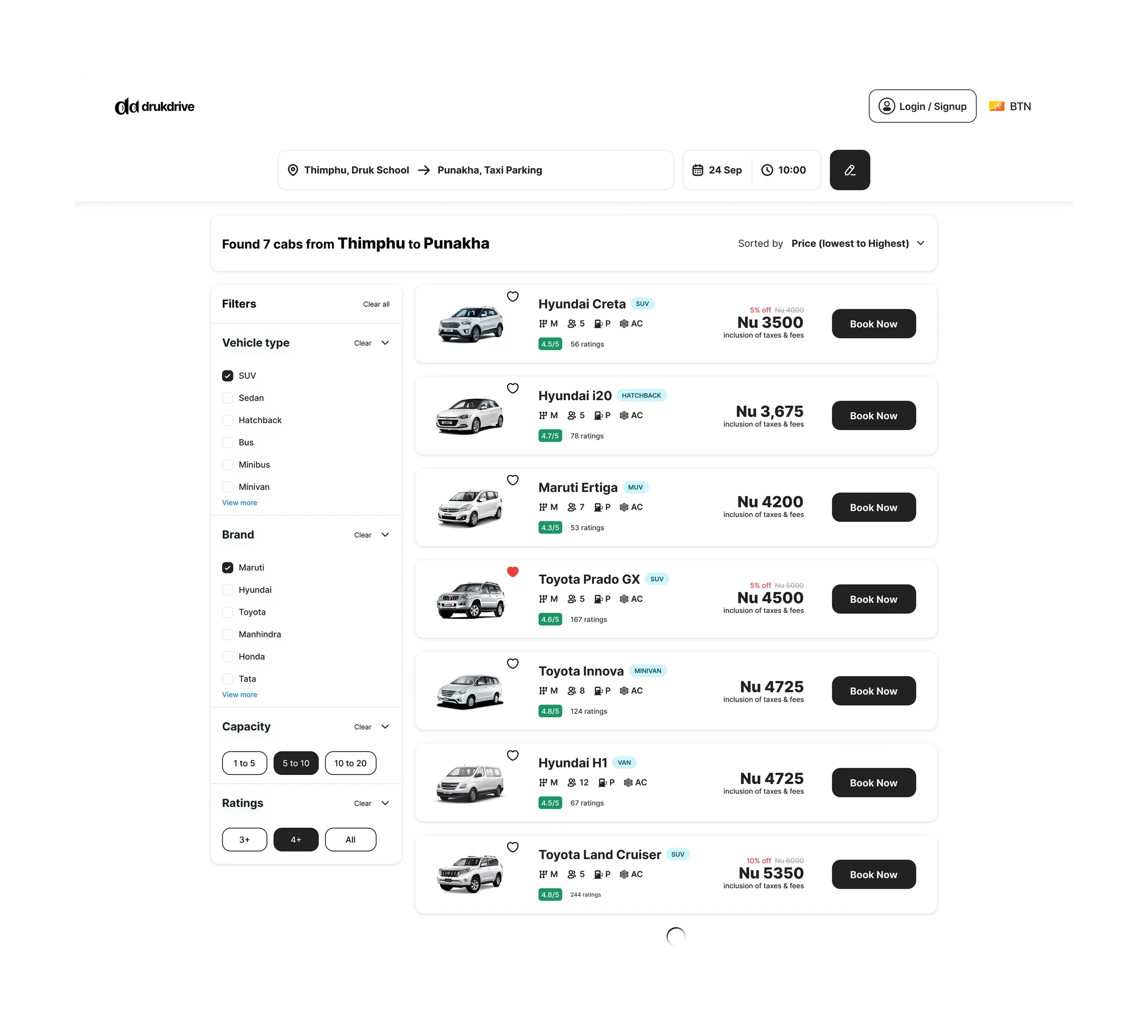 Search results page reading Found 7 cabs from Thimphu to Punakha, sorted by price. A filter column for vehicle type, brand, capacity and ratings. Seven rows, each with a car photo, name and type chip, seats, fuel, AC, a rating badge, a price such as Nu 3500 including taxes and fees, and a black Book Now button.