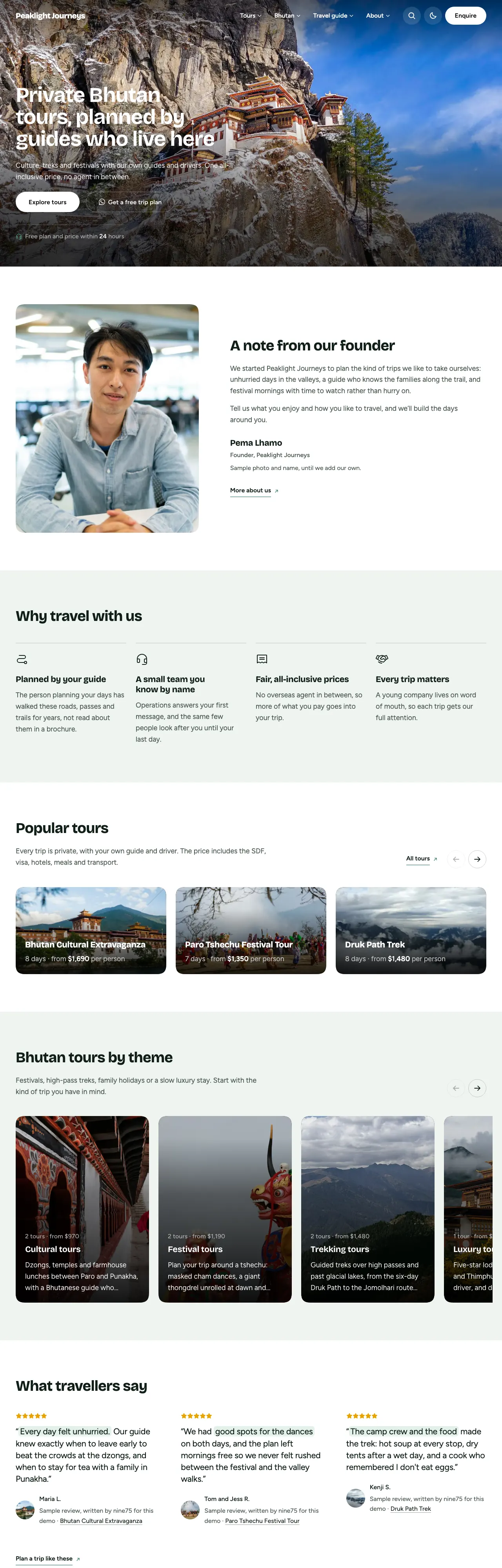 Travel Starter demo in the Adventure look: tour cards with titles over the photos and a green Enquire button