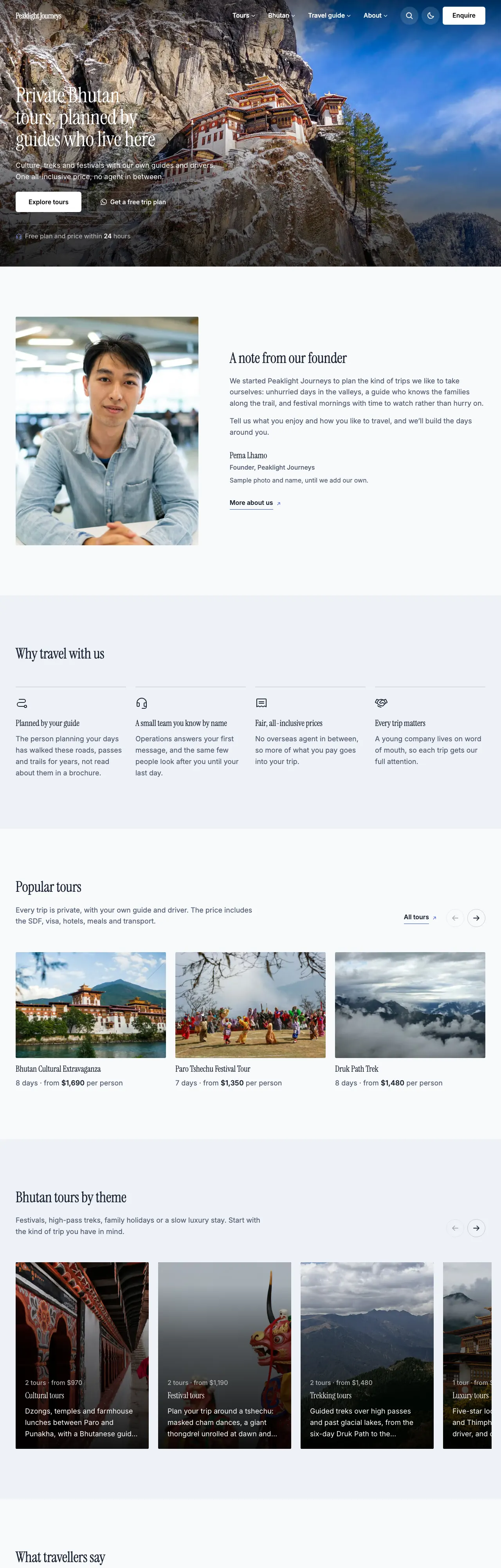 Travel Starter demo in the Luxury look: a slim serif type, airy spacing, sharp corners and a square blue button