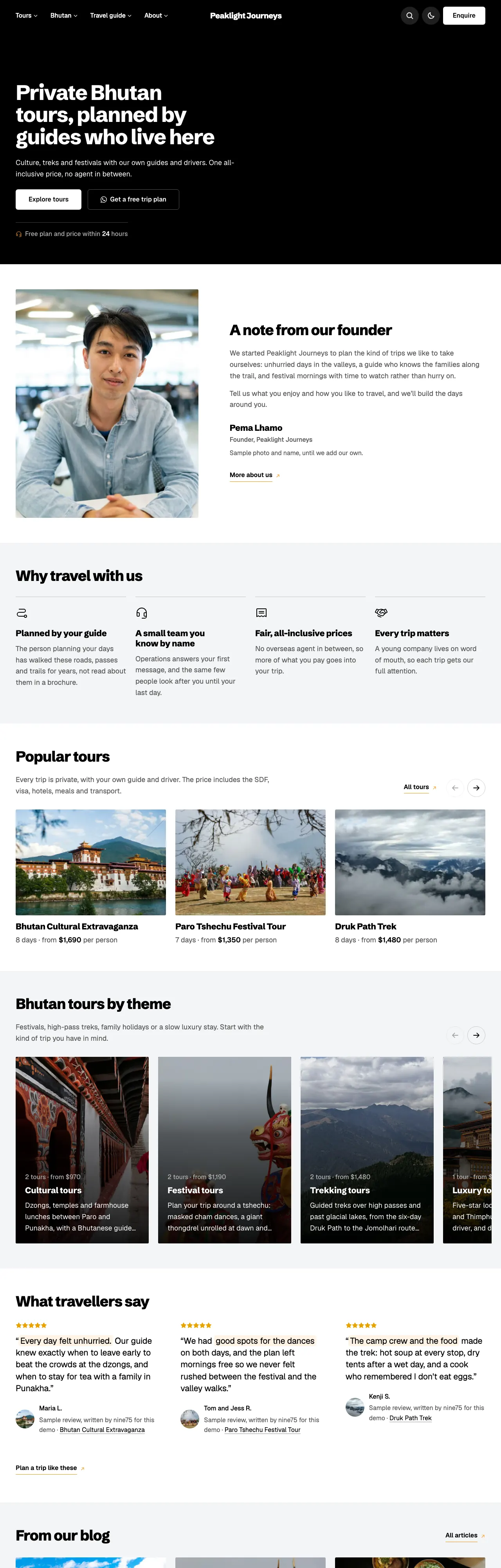 Travel Starter demo in the Minimal look: the logo centred in the header, sharp corners and square buttons