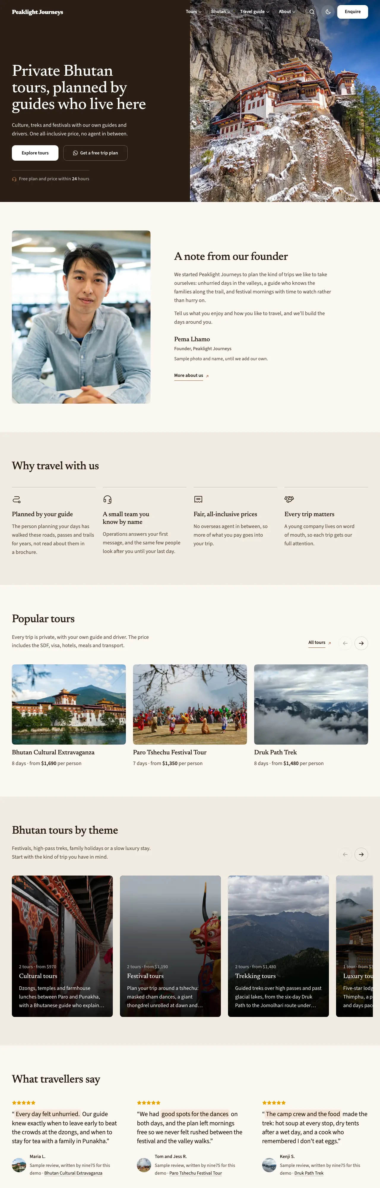 Travel Starter demo in the Mountain lodge look: a warm cream page, serif headings and a rust Enquire button
