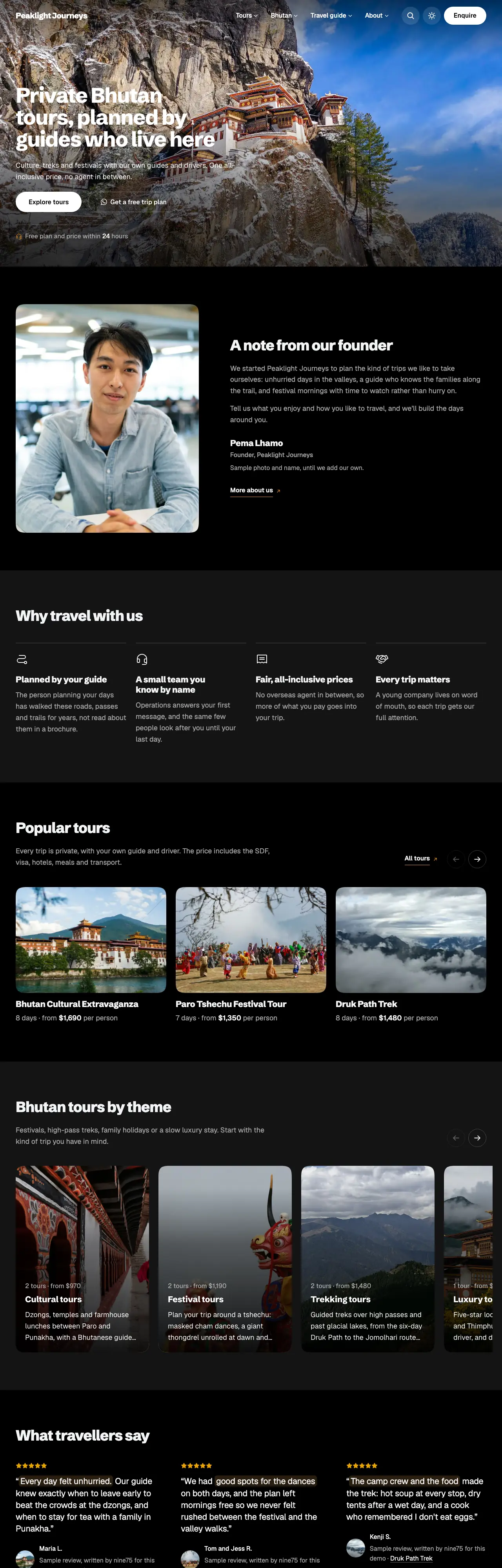 The Travel Starter demo, Peaklight Journeys: a photo of Paro Taktsang under the header and the line Private Bhutan tours, planned by guides who live here, then popular tours with days and prices