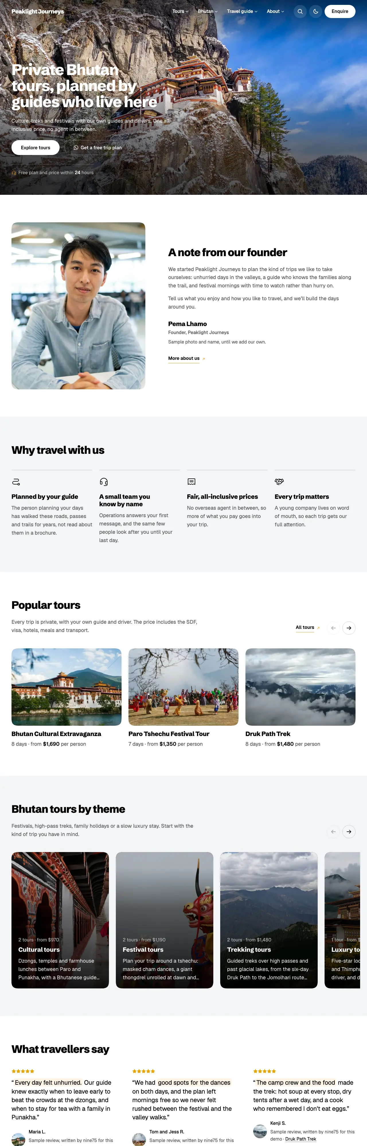 The Travel Starter demo, Peaklight Journeys: a photo of Paro Taktsang under the header and the line Private Bhutan tours, planned by guides who live here, then popular tours with days and prices